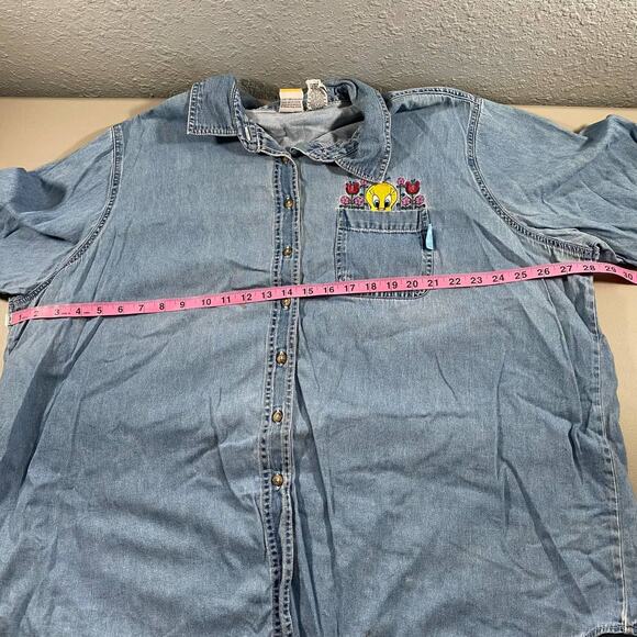 Tweety Bird 26/28 Womens Button Up Blue Denim Looney Tunes Floral Collared - Picture 6 of 9
